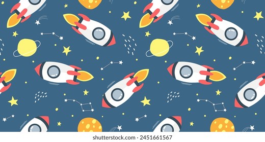Seamless pattern with rockets in space on a background of stars and planets. Vector graphics.