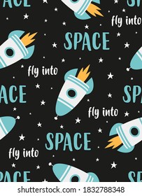 seamless pattern with rockets in space, stars in space and spaceship, simple pattern for any design, vector illustration