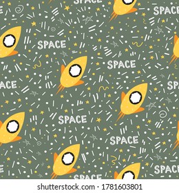 Seamless pattern with rockets in space. Pattern for Wallpaper design, gift paper, and print for boys. Printing on paper. Children's design of rooms, notebooks, diaries.Stars in space, a spaceship. 