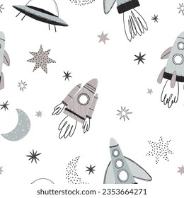 
Seamless pattern with rockets and stars for children's textiles