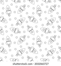 Seamless pattern with rockets and stars for coloring, vector illustration