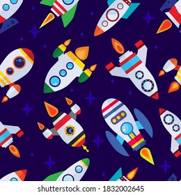 Seamless Pattern with Rockets of Stars and Cosmos. Vector Illustration.