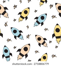 Nahtloses Muster mit Raketen und Sternen in handgezeichnetem Stil.Element für Dekoration Design Hintergrund Hintergrund Verpackung Tapete Banner Textil