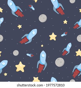 Seamless pattern with rockets and stars. Illustration for children's clothing.