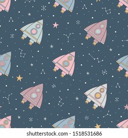 Seamless pattern with rockets and stars on dark background.