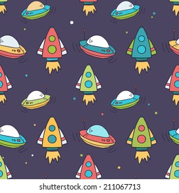 Seamless pattern with rockets and ufo