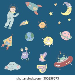Seamless pattern with rockets ufo and friends.