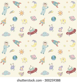 Seamless pattern with rockets ufo and friends.