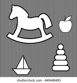 Seamless pattern with rocking horse, apple and stacking toy and toy boat. Silhouettes. Striped background. Black and white.