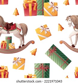 Seamless pattern with rocking horse and gifts. Christmas wrapping paper for gifts, wallpapers, textiles. New Year's decor.