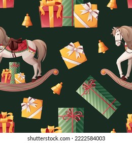 Seamless pattern with rocking horse and gifts. Christmas wrapping paper for gifts, wallpapers, textiles. New Year's decor.