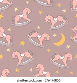 Seamless pattern with rocking horse, hand drawn icons. Colorful background vector. Illustration with collection of toys, stars and moon. Decorative wallpaper, good for printing