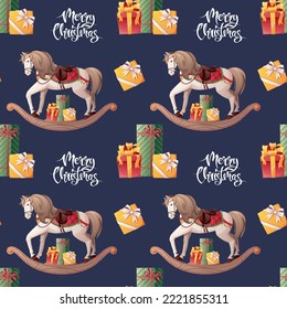 Seamless pattern with rocking horse, inscription and gifts. Christmas wrapping paper for gifts, wallpapers, textiles