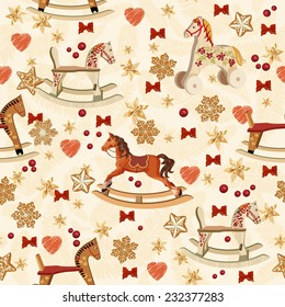 Seamless pattern with rocking horse, red bows, gingerbread on beige background in vintage style.