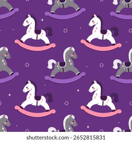 Seamless pattern with rocking horses on a purple background. Vector graphics.