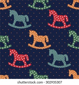 Seamless pattern with rocking horses on dark blue background. Cute baby shower background. Colorful child play illustration. Children's games concept.
