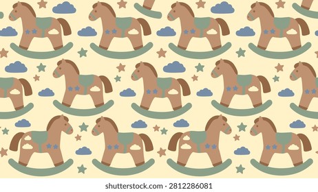 Seamless pattern of rocking horses with stars and clouds on a beige background. Flat vector illustration EPS 10.