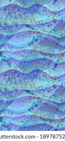 Мarine seamless pattern with rocky bottom under transparent blue waves. Print for fabric, ceramic tile for bathroom, wrapping design.