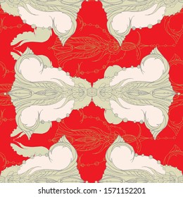 Seamless pattern in rococo and chinoiserie style. Vetor hand drawing illustration. Wallpaper and textile design. Red background.