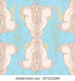 Seamless pattern in rococo and chinoiserie style. Vetor hand drawing illustration. Wallpaper and textile design. Blue background.