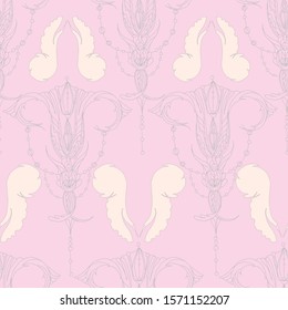 Seamless pattern in rococo and chinoiserie style. Vetor hand drawing illustration. Wallpaper and textile design.