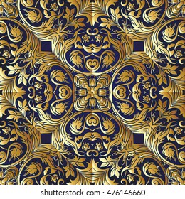 Seamless pattern in rococo style, victorian style, in renaissance style, in baroque style. Vector illustration.  Gold on black background.