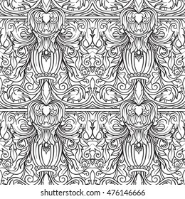 Seamless pattern in rococo style, victorian style, in renaissance style, in baroque style. Vector illustration. Coloring book for adult and older children. Outline drawing coloring page.
