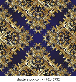 Seamless pattern in rococo style, victorian style, in renaissance style, in baroque style. Vector illustration.  Gold on black background.