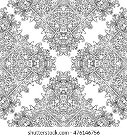 Seamless pattern in rococo style, victorian style, in renaissance style, in baroque style. Vector illustration. Coloring book for adult and older children. Outline drawing coloring page.