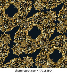 Seamless pattern in rococo style, victorian style, in renaissance style, in baroque style. Vector illustration.  Gold on black background.