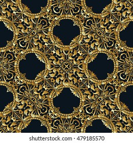 Seamless pattern in rococo style, victorian style, in renaissance style, in baroque style. Vector illustration.  Gold on black background.