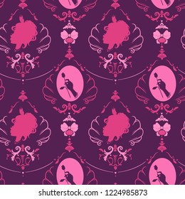 seamless pattern in rococo victorian girlish style. silhouette of a girl with a rose

