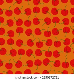 Seamless pattern with Rocoto peppers. Locoto peppers. Rocote peppers. Ají rocoto. Capsicum pubescens. Chili pepper. Vegetables. Flat style. Vector illustration isolated on yellow background.