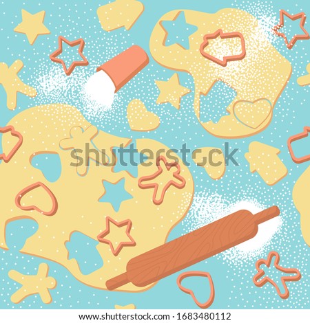 
Seamless pattern of rolled dough and cookie figures. There are cookies all over, scattered flour, and mess. Cooking cookies with pleasure. Flat vector illustration.
