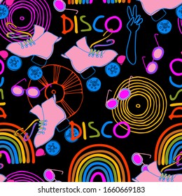Seamless pattern. Roller skate party concept. Early 1980s style design