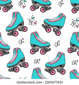 Seamless Pattern Of Roller Skates. Aesthetic Style. 1990s Fashion. Vector Vintage Illustration. Girly Print For Graphic Tee, Bullet Journal Cover, Wrapping Paper. Nostalgia For 1980 - 1990.