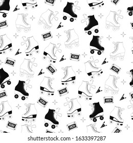 Seamless pattern with roller skates and cassette tapes. Retro hand drawn laced boots, black and white vector illustration