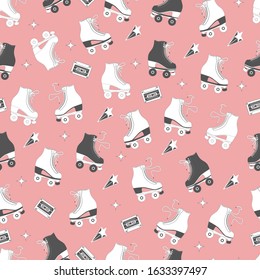 Seamless pattern with roller skates and cassette tapes. Retro hand drawn laced boots, colorful vector illustration