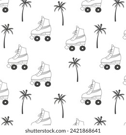 Seamless pattern, roller skates and palm trees