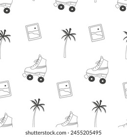 Seamless pattern, roller skates, palm trees and photo card.