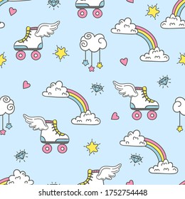 Seamless pattern with roller skates and rainbows. Textile, fabric, fashion print design.