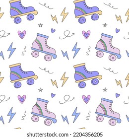 Seamless Pattern Of Rollers, Lightning, Hearts. Concept Of 2000s, 1990s, 00s, Y2k Weird 2000 Style. Groovy Prints For Tee, Streetwear, Print Templates, Textile.