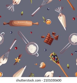 Seamless pattern with rolling pin, flour sieve, piping bag whisk. Baking, bakery shop, cooking, sweet products, dessert, pastry concept. Perfect for product design, scrapbooking, textile.