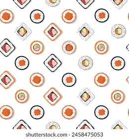 Seamless pattern with rolls on a white background. Asian Japanese food concept. Printed on paper, textiles. Vector