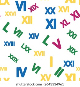 Seamless pattern with Roman numerals. Ten and twenty, thirty, forty, fifty, sixty, seventy, eighty and ninety. Algebra and geometry