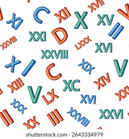 Seamless pattern with Roman numerals. Ten, twenty, thirty, forty, fifty, sixty, seventy and eighty and ninety. Algebra and geometry