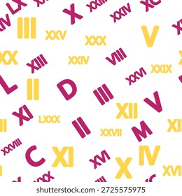 Seamless pattern with Roman numerals. Ten and twenty, thirty, forty, fifty, sixty, seventy, eighty and ninety. Algebra and geometry