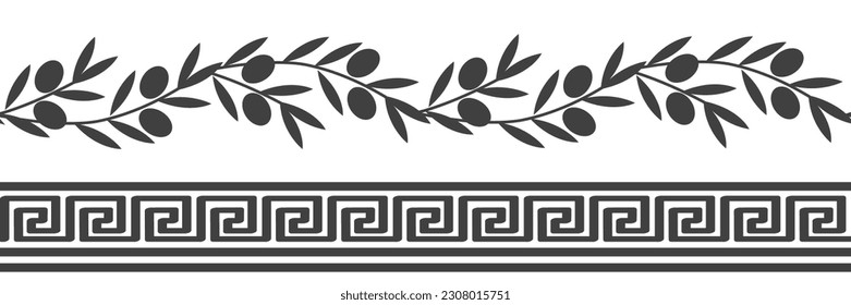 Seamless pattern with Roman ornament and olive branches. Vector decorative border for wall decor, olive oil packaging, tiles, cards.