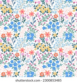 Seamless pattern. Romantic abstract floral pattern on a light background. Illustrations of spring nature with red, blue, pink, yellow and orange flowers.