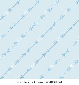 Seamless pattern with romantic arrows and hearts on blue background